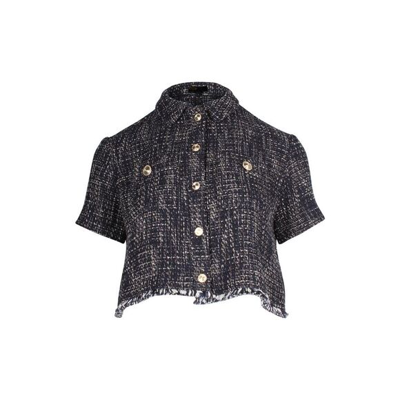 Maje Cropped Top in Navy Blue Cotton Tweed - Picture 1 of 5